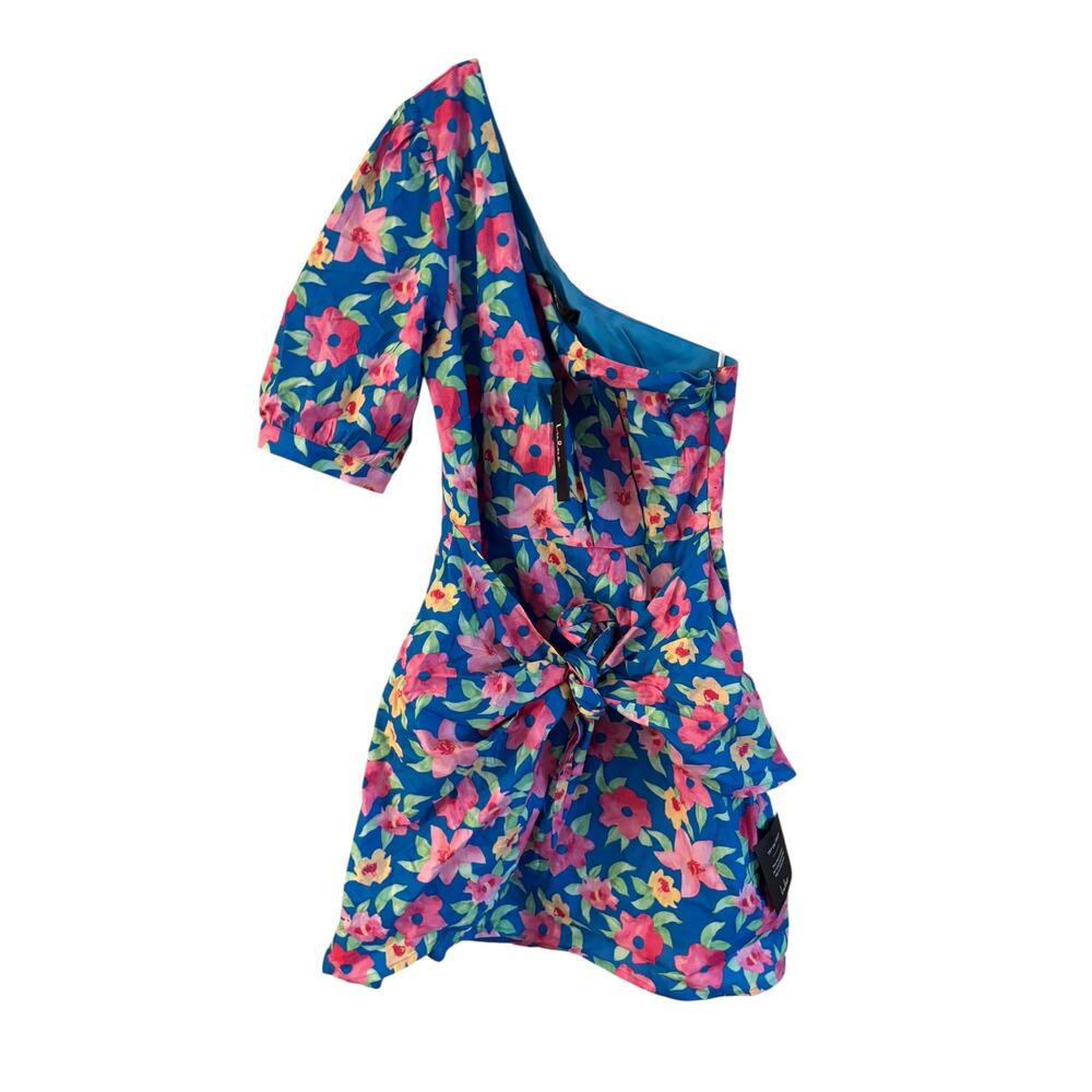 NWT Lulus Thoroughly Sweet Blue Floral Print One-Shoulder Mini Dress Small